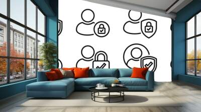 Account security thin line icons. People, user, avatar, person, profile with shield protection and padlock with check mark icon symbol. Editable stroke. Vector illustration Wall mural