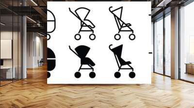 Baby stroller icons vector set. Children and baby carriage icon collection in line and flat style on white background with editable stroke for apps and websites. Vector illustration Wall mural