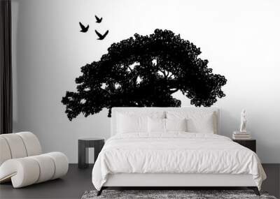 Black Oak Tree with Flying Birds Illustration Silhouette Logo Symbol Vector Wall mural