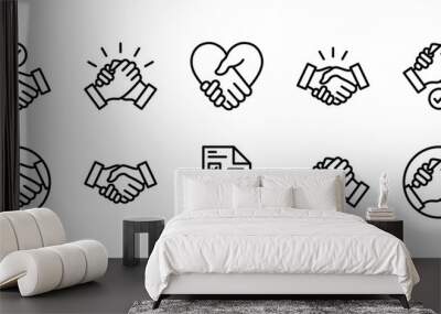 Business agreement handshake thin line icon set. Containing friendship, partnership, relation, cooperation, contract deal, success, greeting, respect, teamwork, trust, welcome. Vector illustration Wall mural