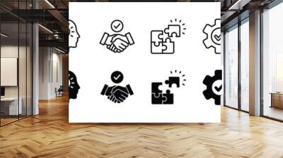 Business solution icon set. Innovation, Inspiration, and creative idea icon symbol. Containing lightbulb, puzzle, handshake, and gear with check mark. Vector illustration Wall mural