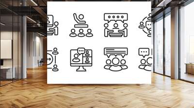 Business training thin line icon set. Containing conference, presentation, education, coaching, communication, discussion, meeting, learning, online video, classroom. Vector illustration Wall mural