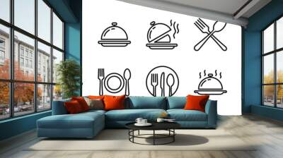 Catering thin line icon set. Containing fork, spoon, knife, plate, cloche, tray, chef hat, beverage, food, dining table, and waiter. Cutlery or tableware in restaurant. Vector illustration Wall mural