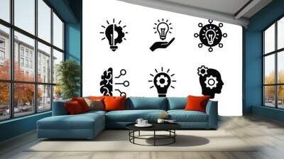 Creative business innovation icon set. Light bulb with cog, lamp with brain. Containing idea, solution, inspiration, creativity, intelligence, imagination, thinking, invention. Vector illustration Wall mural