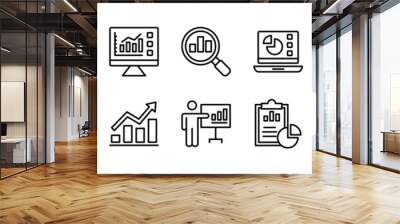 Data analytics thin line icon vector set. Statistical science data information. Containing financial profit graph, database, statistics, chart, presentation, performance. Review results documents Wall mural