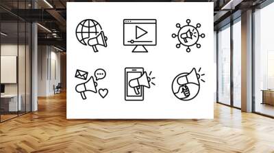 Digital marketing thin line icon set. Containing megaphone, advertising, online video, media social, mobile, goal or target, communication, influence, campaign, public. Vector illustration Wall mural