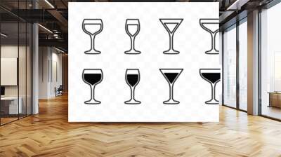 Drink glasses icons vector set. Alcohol glass types with editable stroke. Alcoholic cocktail glass icon sign and symbol in line and flat style. Liquor, beverages, bar, beer. Vector illustration Wall mural