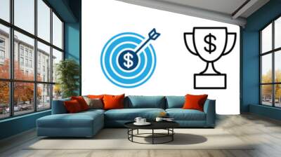 Financial goal icon set. Finance business, financial business targets goal. Targeting board and trophy with dollar sign symbol. Vector illustration  Wall mural