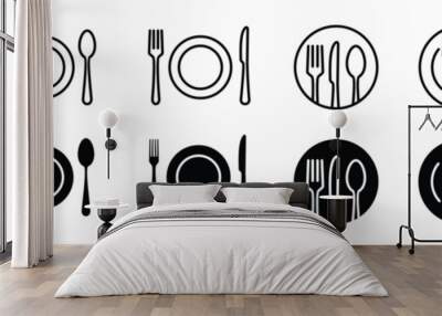 Fork, spoon, knife, and plate icon. Cutlery icon set in line and flat style. Dinnerware icon symbol in the circle. Restaurant sign and symbol. Vector illustration Wall mural