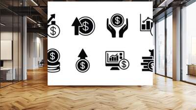 Money income icon set. Containing profit, financial analysis data, finance graph, growth, investment, chart, fund, payment, revenue, statistic, earnings, management. Vector illustration Wall mural