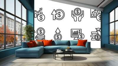 Money income thin line icon set. Containing profit, financial analysis data, finance graph, growth, investment, chart, fund, payment, revenue, statistic, earnings, management. Vector illustration Wall mural