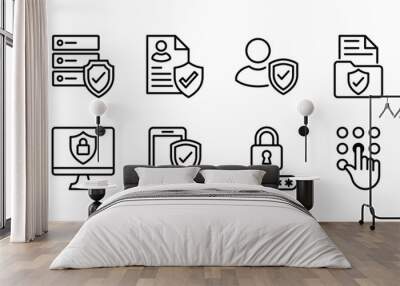 Privacy policy thin line icon set. Containing safety, security, protection, access, protect, secure of data, document, file, information, network system, communication. Vector illustration Wall mural