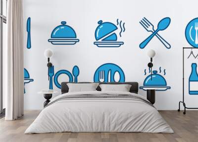 Set of catering icon. Containing fork, spoon, knife, plate, cloche, tray, chef hat, beverage, food, dining table, and waiter. Cutlery or tableware in restaurant. Vector illustration Wall mural