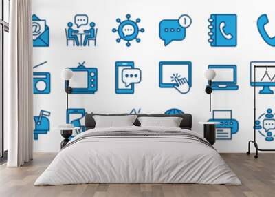 Set of communication and speaking icon. Discussion, speech bubble, talking, chat, social media message, conversation, campaign, announce, technology for app and website. Vector illustration Wall mural