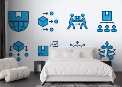 Set of package delivery distribution icon. Global shipping connection network business, shipment process management. Containing hierarchy, structure, mechanism, procedure. Vector illustration Wall mural