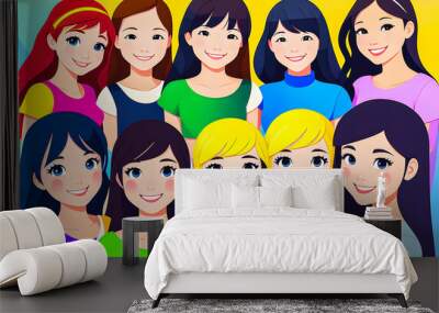 Illustration in vector a group of girls, hair of different colors, women's solidarity. 2d. friendship of Peoples. school. smiles. Wall mural