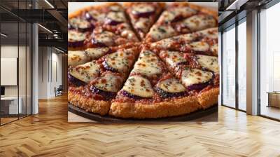 A beautifully baked pizza displaying vibrant toppings and a crispy crust awaits enjoyment Wall mural