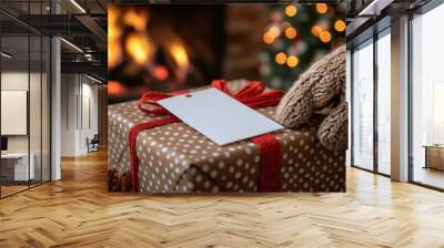 A beautifully wrapped gift rests on a table beside a warm, glowing fireplace Wall mural