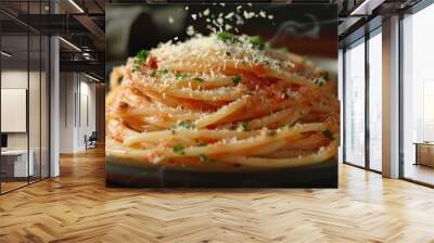 A close-up shot of a steaming plate of spaghetti with tomato sauce and parmesan cheese Wall mural