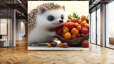 A cute hedgehog collects vibrant fruits surrounded by autumn foliage Wall mural