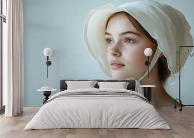 A serene young woman poses gracefully, embodying timeless elegance with her bonnet Wall mural