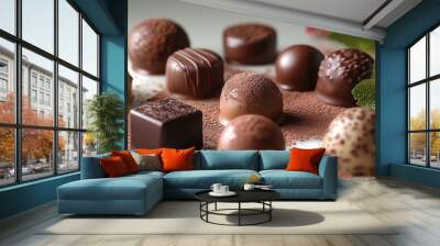 An array of chocolates artfully arranged with fresh mint and tiny blooms Wall mural