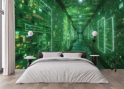 An empty hallway lined with glowing green screens filled with digital code Wall mural