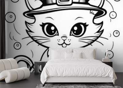 Cute Halloween cat coloring page wearing a witches hat Wall mural