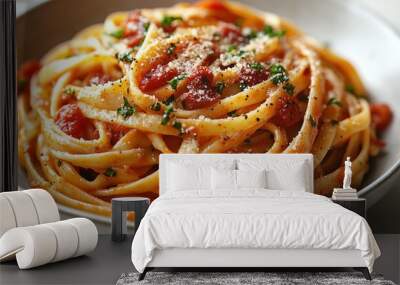 Enjoy a hearty serving of spaghetti elegantly coated in vibrant tomato sauce and herbs Wall mural