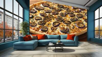 Enjoying a warm, cheesy pizza topped with eggplant and herbs at a charming eatery Wall mural