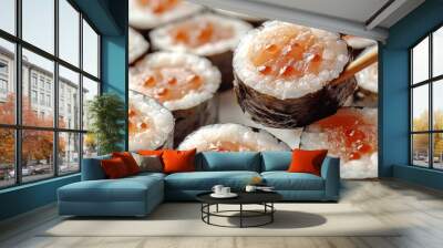 Enjoying delectable sushi rolls crafted with fresh fish and rice Wall mural