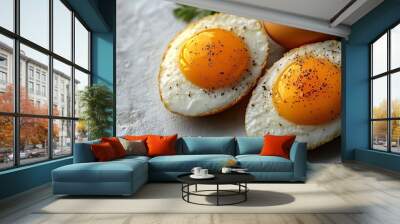 Two halved fried eggs showcase bright yolks, seasoned and ready to enjoy Wall mural