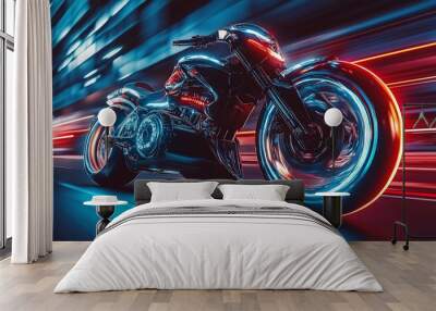 A black motorcycle speeds through a city at night with glowing blue and red lights. Wall mural