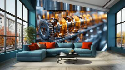 A close-up view of a crankshaft and gears in a production line. The gears are spinning and the crankshaft is rotating. The background is blurred, suggesting a factory setting. Wall mural