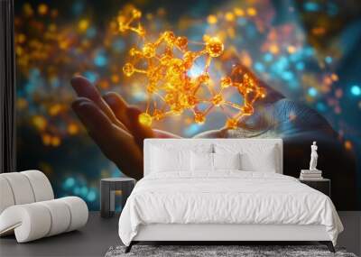 A hand holds a glowing, intricate molecular structure against a dark background with sparkling lights. Wall mural