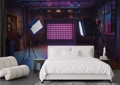 A modern photo studio with two lighting setups, a wooden floor, and a wall with a grid of pink lights. Wall mural