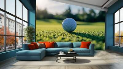 A single white golf ball sits on a green golf course with a blurred background of trees and blue sky. Wall mural