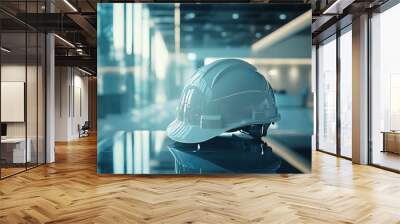 A white hard hat sits on a reflective surface in a modern office building. Wall mural