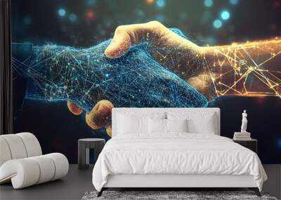 Closed-up Handshake between two professionals over a contract, digital lines connecting hands Wall mural