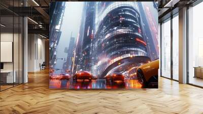 Futuristic city street at night with glowing neon signs and cars driving through rain. Wall mural