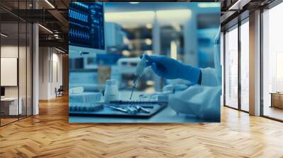 Scientist in a lab coat uses a pipette to transfer liquid into a test tube in a laboratory setting. Wall mural