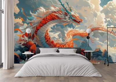 A highly detailed white dragon sculpture with pearls on a red background. Generate AI Wall mural