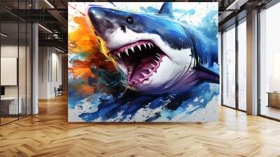 Angry Shark Face Blue Ocean Vector Artwork, Shark, Animal , Generate AI Wall mural