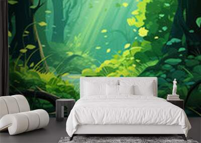 background wallpaper illustrator, Trees in forest , fresh green splash water , yellow ligh sun moorning  , Generate AI Wall mural