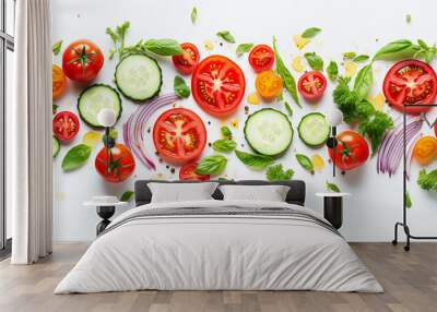 Creative layout made of sliced ​​tomato, red onion, cucumber, basil leaves. Flat lay, top view. Food concept. Vegetables isolated on white background. Food ingredient pattern. Banners. Generate AI Wall mural