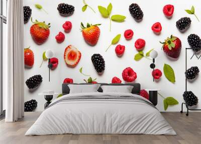 Flying berries isolated on white background with clipping path, different falling wild berries mixed fruits, collection, Generate AI Wall mural