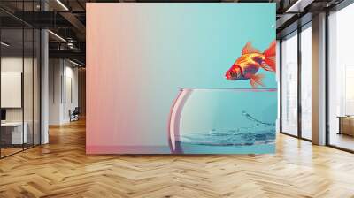 Goldfish is jumping to sea from fishbowl , Generate AI Wall mural