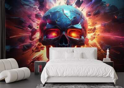 Neon synthwave skull exploding into shining polygons - 3D Illustration rainbow splash background Generate AI Wall mural