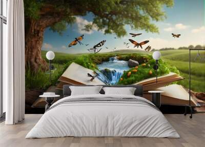 an open book with a waterfall , trees and butterflies coming out of it Wall mural