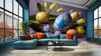 For Easter, painted eggs with flowers in spring Wall mural